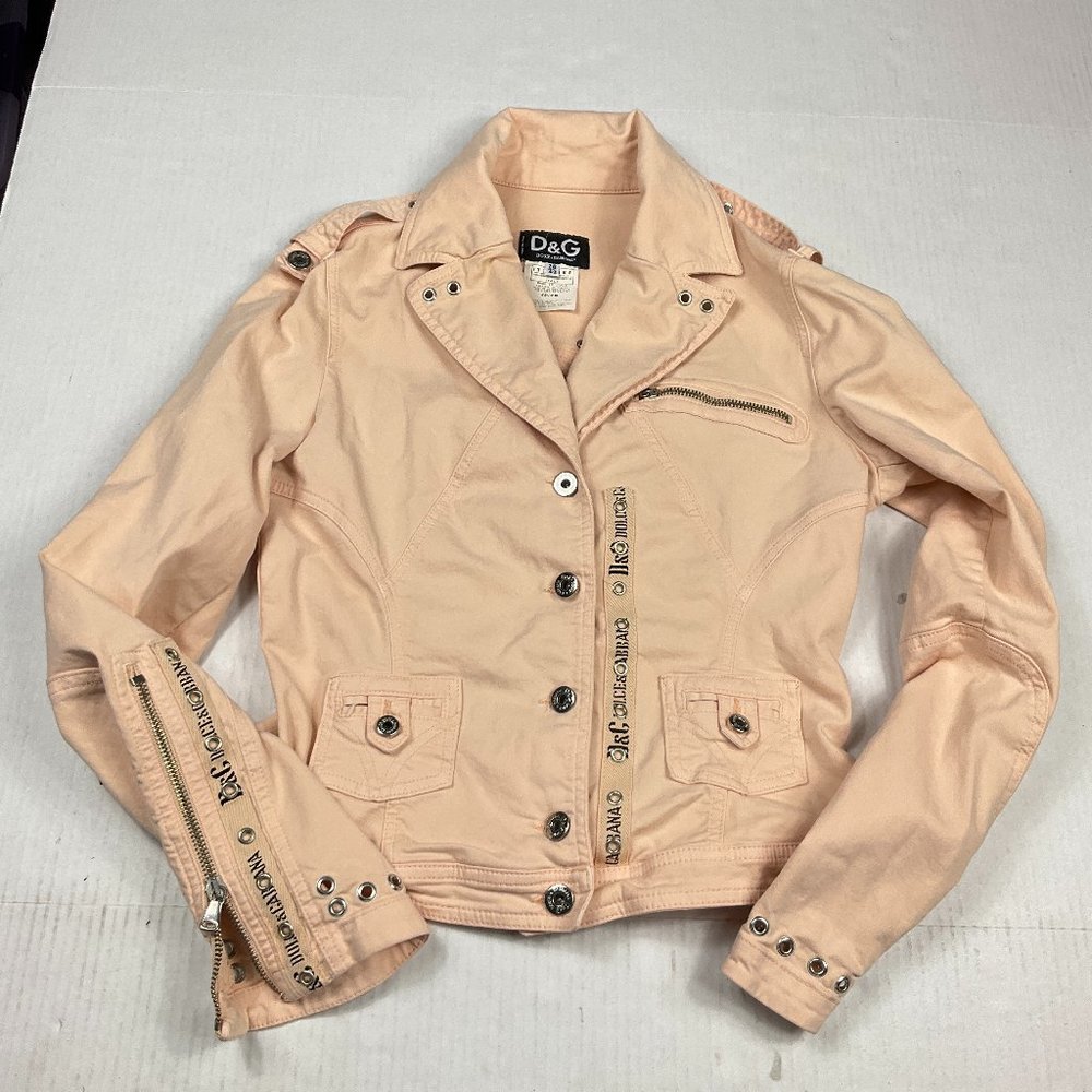 D&G Dolce & Gabbana Womens Moto Jacket Pink Button Up Pockets Logo 42 IT 6 US